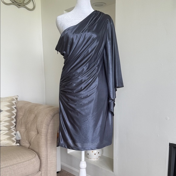 Hailey Logan by Adrianna Papell Elegant One-Shoulder Gray Dress - Picture 2 of 8